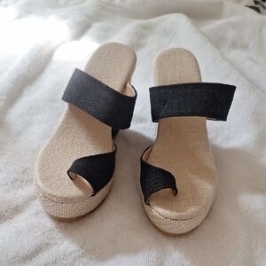 Black Two-Band Wedge Slide Sandals